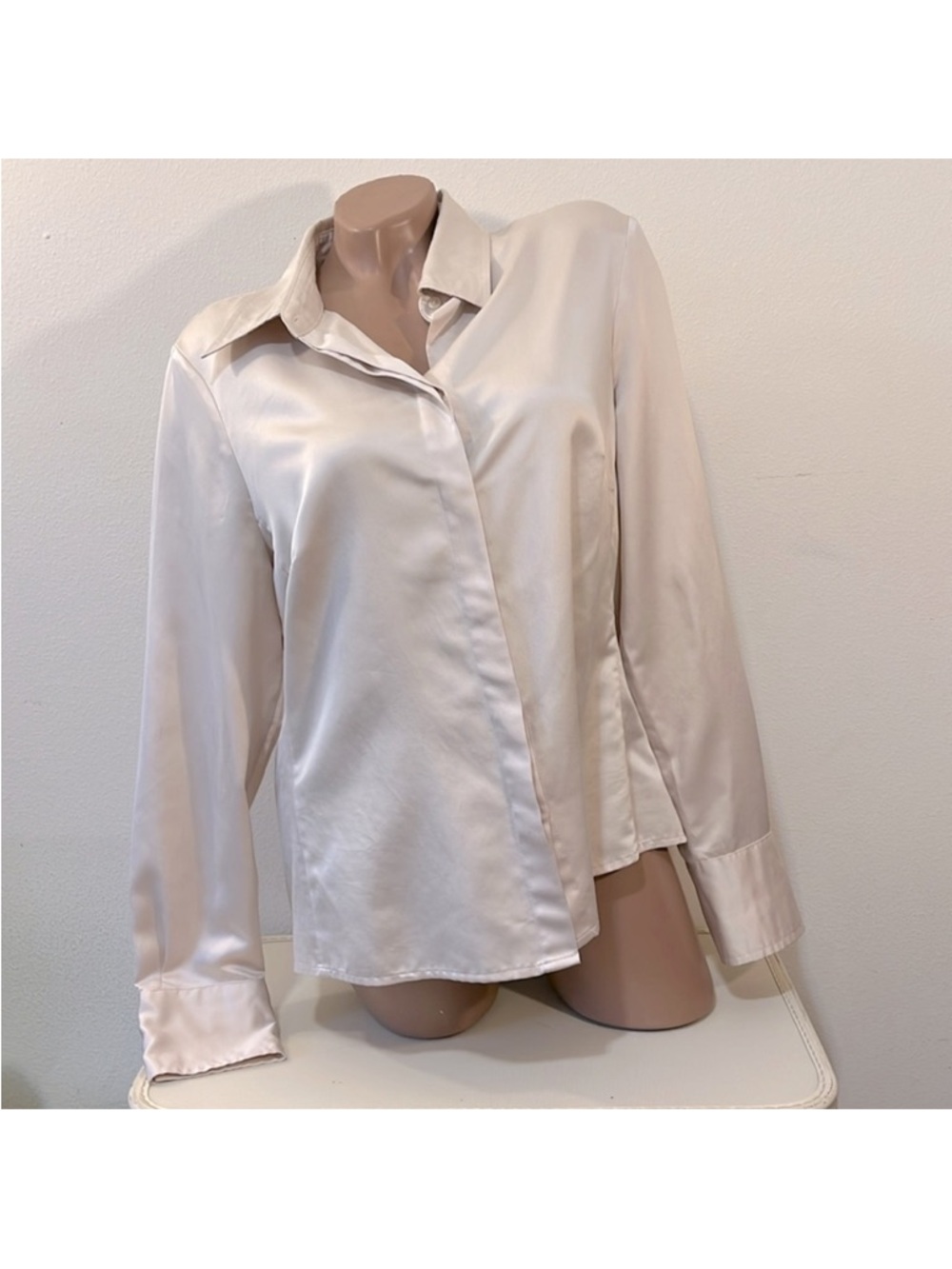 East 5th Cream Satin Long Sleeve Button Down Top - Picture 1 of 5